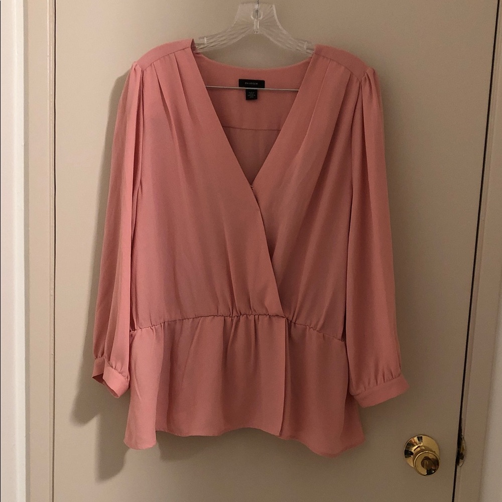 Dusty Pink V-Neck Peplum Long-Sleeve Blouse